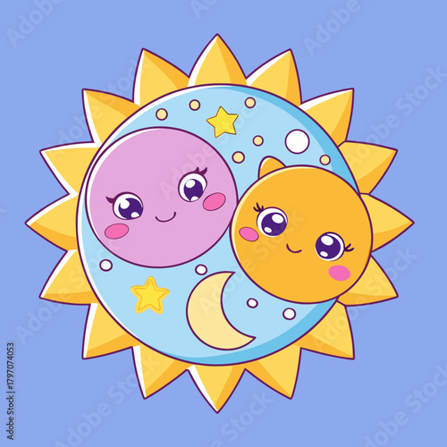 Cute Cartoon Sun and Moon Hugging Each Other with Big Smiles