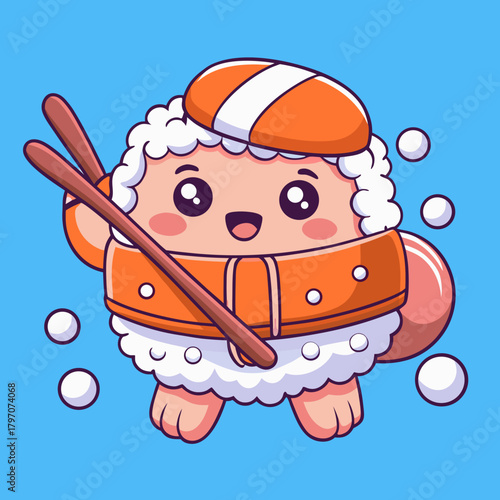 Cute sushi character with chopsticks and blushing face on blue background