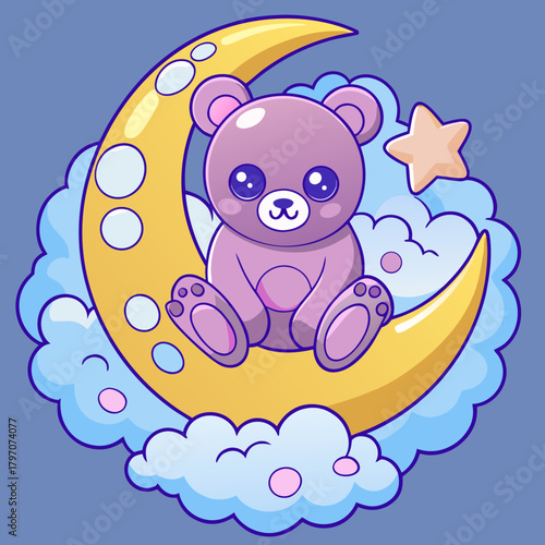 Cute Cartoon Bear Sitting on the Moon with Star and Clouds