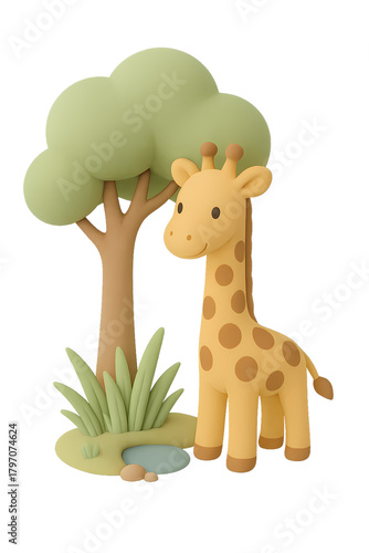 Cute Cartoon Giraffe Beside Tree with Grass and Rocks in Nature Scene