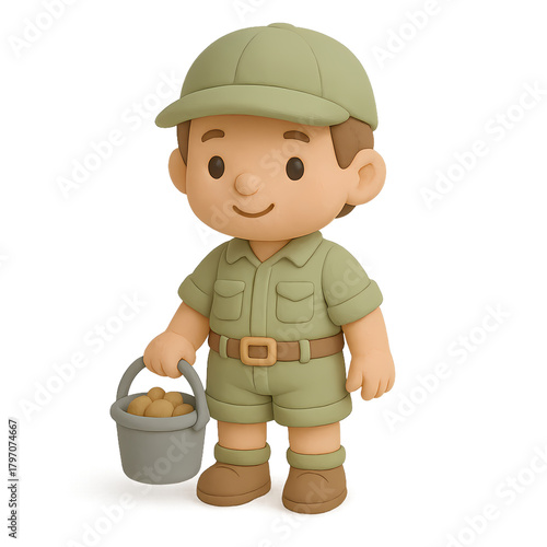 Cute cartoon character in safari outfit with bucket of eggs