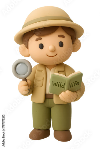 Character holding magnifying glass and book about wildlife exploration