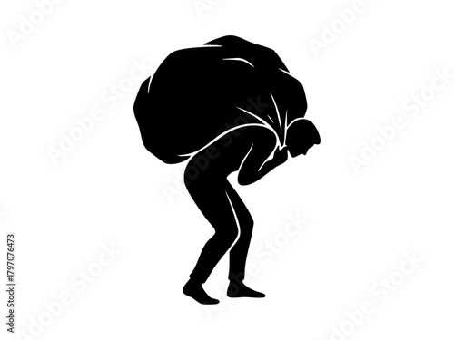 Heavy burden silhouette person struggling, symbolizing stress, emotional weight, hard work, and personal challenges in a minimal black and white style.