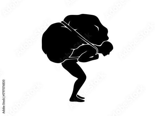 Heavy burden silhouette man struggle, expressing physical exhaustion, challenge, stress, and perseverance in a minimal black and white flat style.