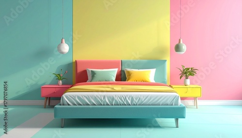 Wallpaper Mural Modern Colorful Bedroom with Teal and Pink Wall, Multicolored Bed, and Circular Wall Art in Vibrant Interior Design Torontodigital.ca