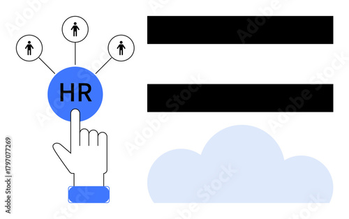 Hand pointing at HR icon connected to individuals, with cloud and bars. Ideal for recruitment, management, hiring, HR, teamwork, leadership digital systems. Simple flat metaphor
