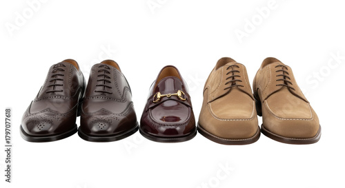 Isolated mens formal leather shoes in a row, featuring dressy and classic styles, footwear