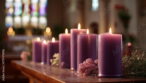 Purple candles on an Ash Wednesday altar, no people, tranquil and holy ambiance, soft glow from the candles illuminating the church's ancient architecture