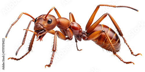 Closeup macro photograph of a single red ant isolated on transparent background, showcasing intricate details of its segmented body, antennae, and legs, highlighting its exoskeleton and compound eyes