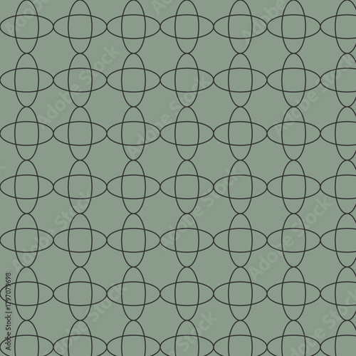 Seamless geometric pattern with overlapping oval shapes in dark gray on a muted green background