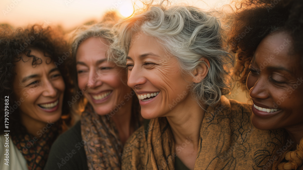 Fototapeta premium group of diverse aged women laughing together outdoors, golden hour lighting