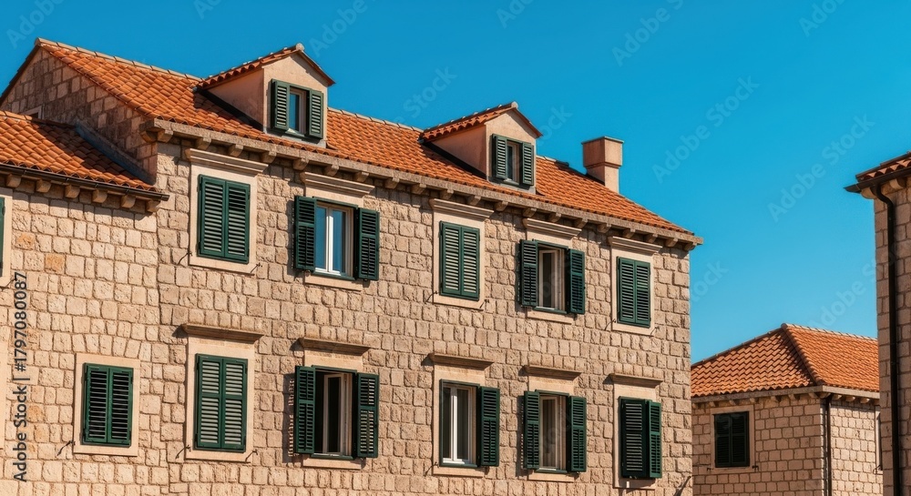 Fototapeta premium Historic stone buildings with green shutters against a clear blue sky in a sunny location