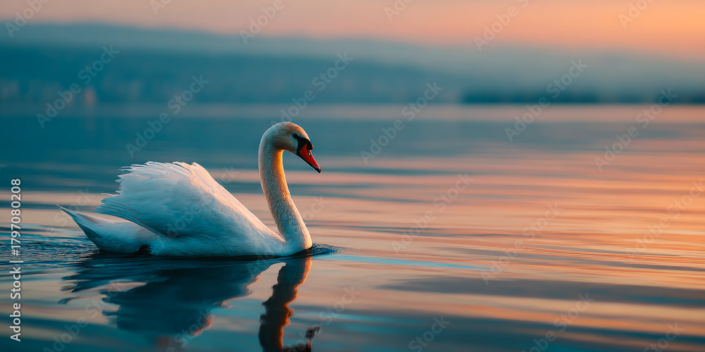 Fototapeta premium Swan gliding on calm water at sunset. A graceful swan swims quietly across still water during a beautiful sunset, reflecting colorful skies.