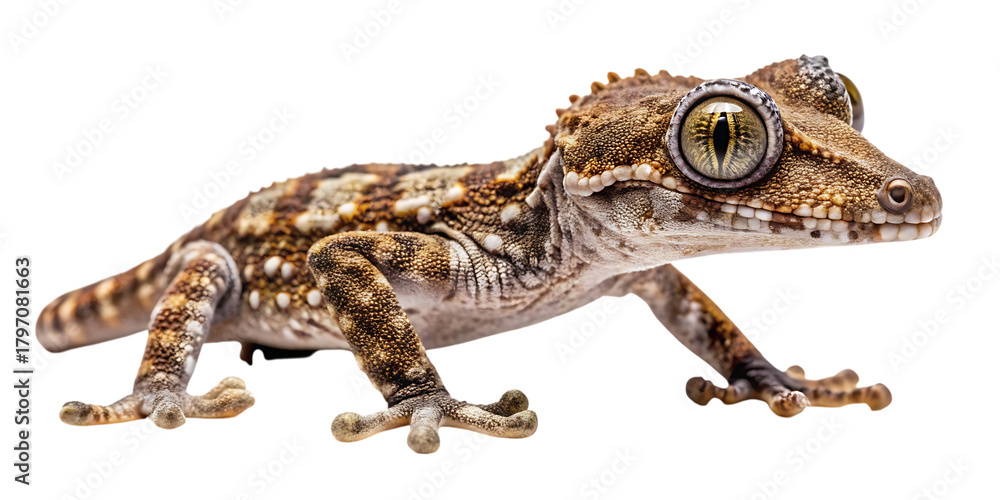 Naklejka premium A detailed studio shot of a gargoyle gecko, scientifically known as rhacodactylus auriculatus, isolated on a clean transparent background, showcasing its unique textured skin and large, striking eyes