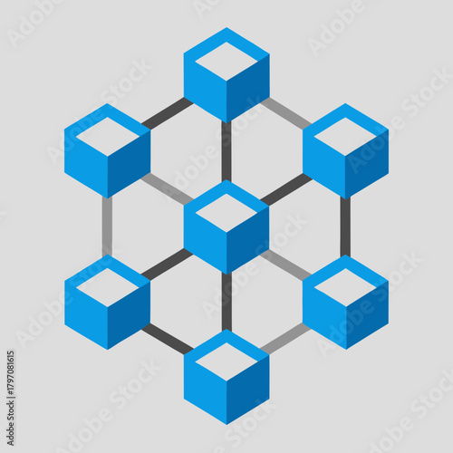 Modular geometric structure with connected cubes in blue and gray