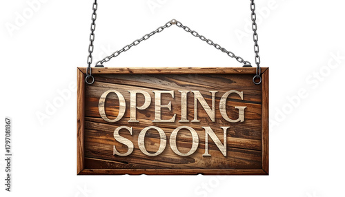 A wooden board with “Opening Soon” text isolated on a white background, perfect for business, store launch, or promotional designs.
