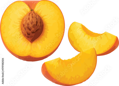 Halved peach with pit and two slices fruit food