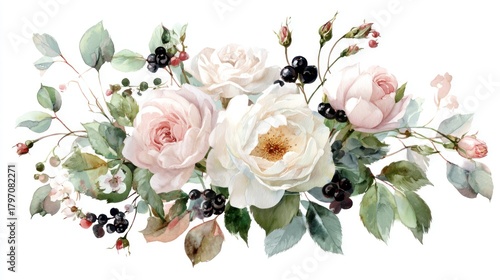 Watercolor floral arrangement featuring roses berries and leaves isolated on white
