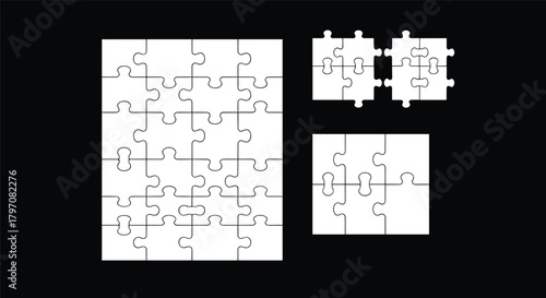 Puzzle piece vector set, black silhouette, jigsaw icon, interlocking shape, cognitive design, isolated graphic, white background, educational symbol