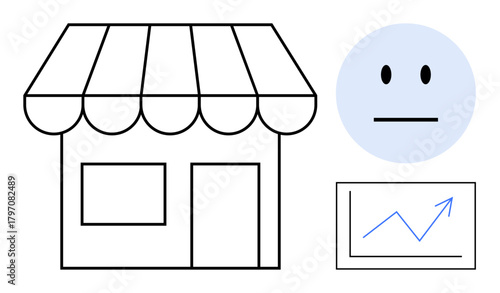 Small storefront with awning representing retail, neutral face symbolizing customer sentiment, and an upward line graph indicating business growth. Ideal for commerce, customer feedback, marketing