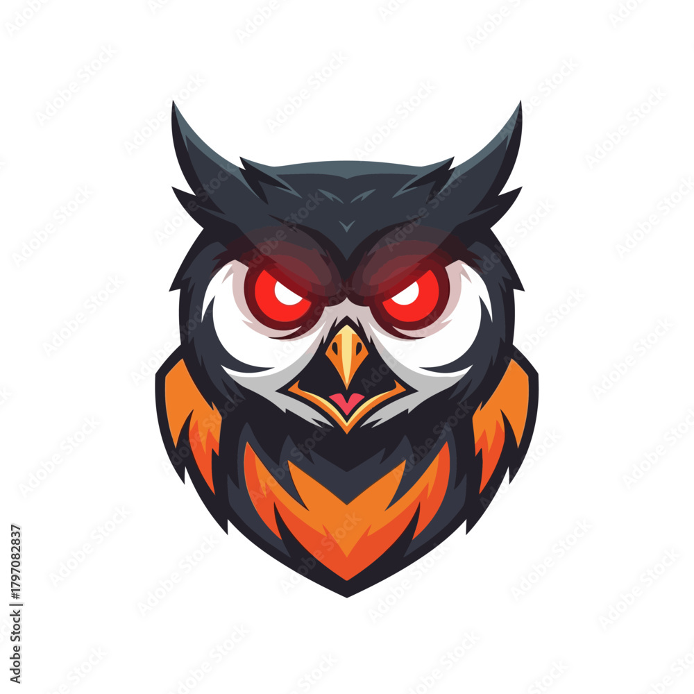 Naklejka premium Aggressive owl head mascot logo illustration with glowing red eyes and dark feathers, isolated on white background.