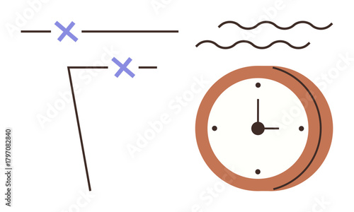 Brown clock with abstract lines, wavy patterns, and cross marks symbolizing time, planning, and deadlines. Ideal for productivity, organization, scheduling, strategy goal-setting reminders simple