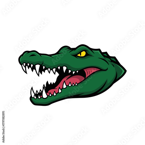Fierce crocodile or alligator head mascot roaring with mouth wide open on white background