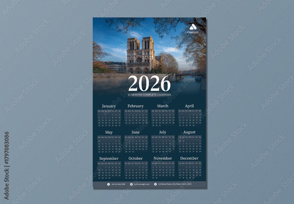 Editable 2026 Yearly Wall Calendar Template with Notre Dame Cathedral ...