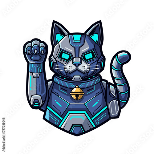 Futuristic robotic cat illustration in a lucky Maneki Neko pose isolated on white