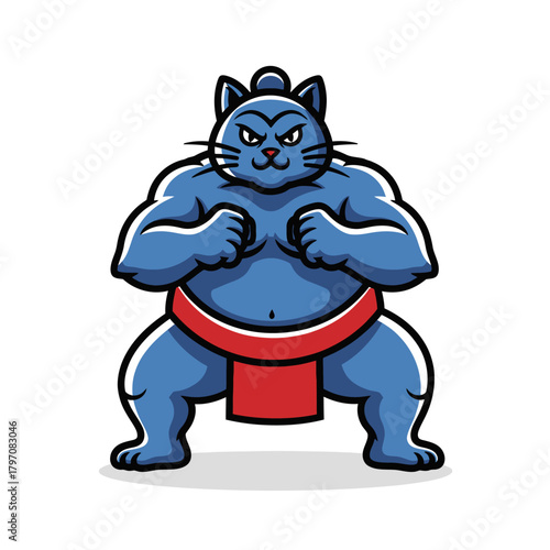 Muscular blue cat character dressed as a sumo wrestler in a fighting stance vector illustration.