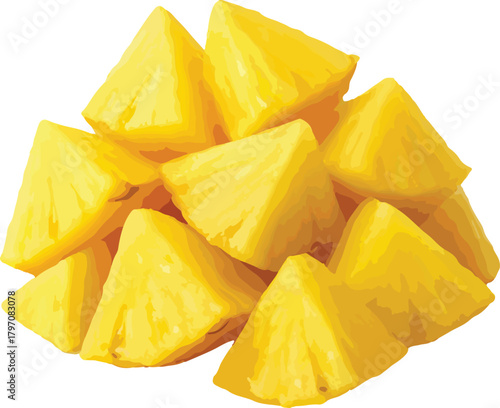 Pile of bright yellow pineapple chunks fruit food