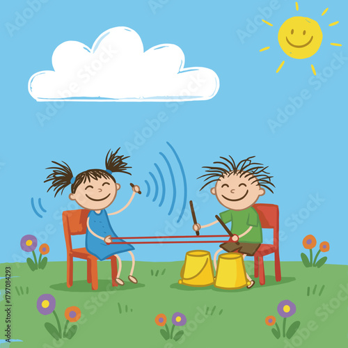 Children playing and drumming happily outdoors in sunny weather illustration in a child's doodle style 