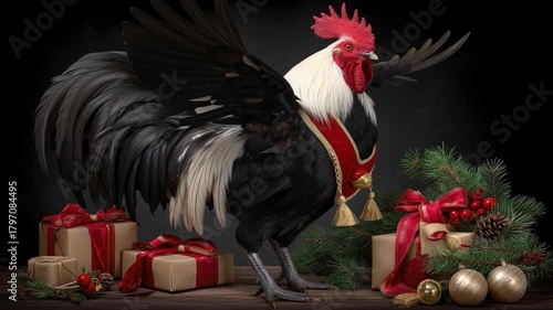Festive Rooster Dressed for Celebration with Gifts, Decorations, and Greenery in a Grand Holiday Setting