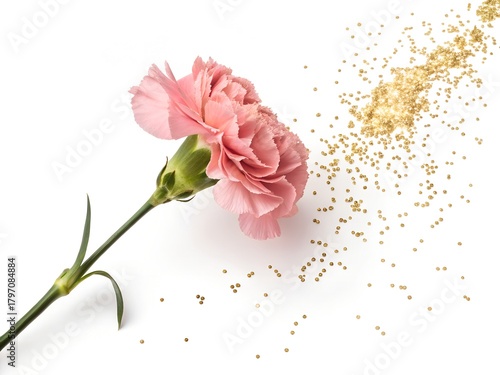 Pink carnation flower and falling gold glitter isolated on white
