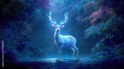 Ethereal White Deer in Mystical Forest with Blue Light and Lush Greenery at Twilight
