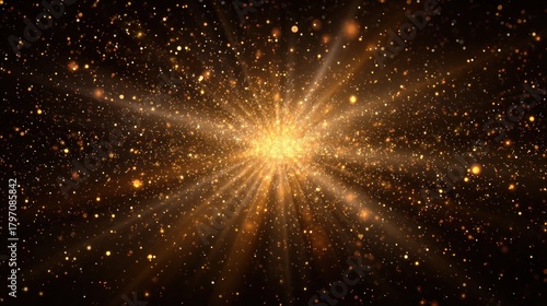 Abstract golden light burst with sparkles against dark background