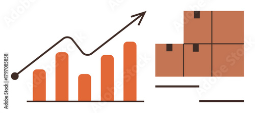 Bar chart with upward trend line beside stacked shipping boxes. Ideal for growth, logistics, e-commerce, sales, inventory management, trade, business forecasting. Simple flat metaphor