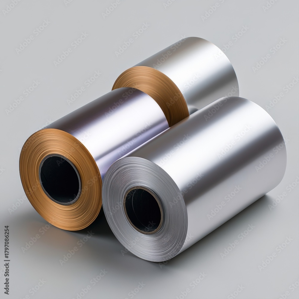 Fototapeta premium Three rolls of shiny metallic film in silver and gold hues are arranged on a neutral background, Ideal for use in packaging, crafting, or design projects requiring a modern and sleek look,