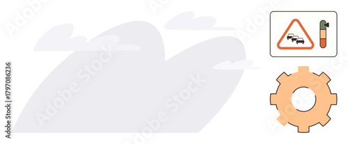 Warning sign with vehicle congestion, exhaust pipe depicting emissions, and a gear. Ideal for pollution, traffic safety, industry, energy, environmental issues, risk management simple flat metaphor