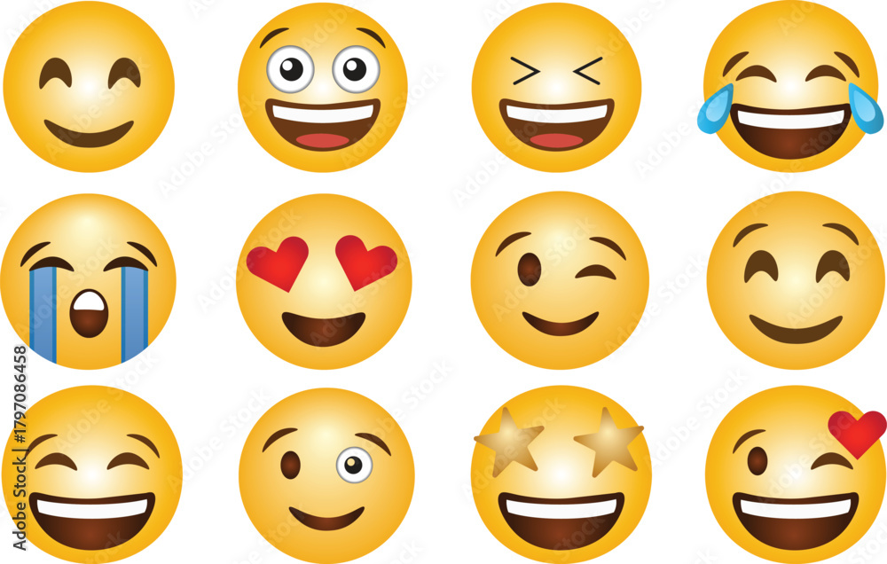 Fototapeta premium Set of 12 popular yellow smiling emoji faces isolated on white.
