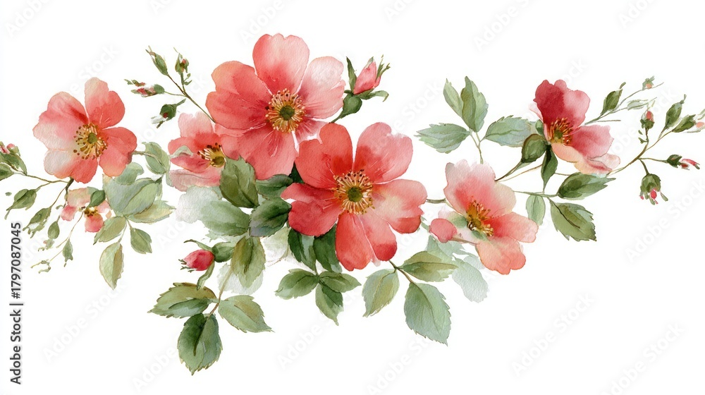 Fototapeta premium Watercolor floral arrangement with vibrant red blossoms and green foliage