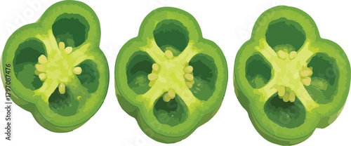 Three green bell pepper slices with seeds green pepper
