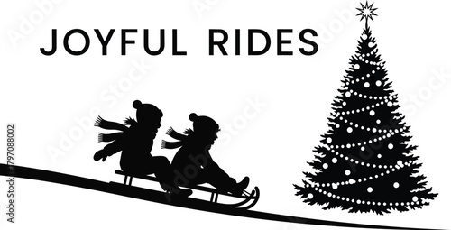 Silhouette of two children sledding down a hill next to a decorated Christmas tree