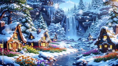 Magical winter village nestled beside a frozen waterfall, glowing warmly under falling snow.