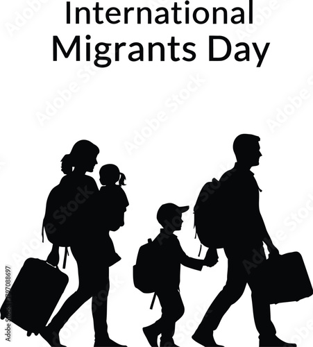 Silhouette of a family with luggage walking on International Migrants Day vector illustration