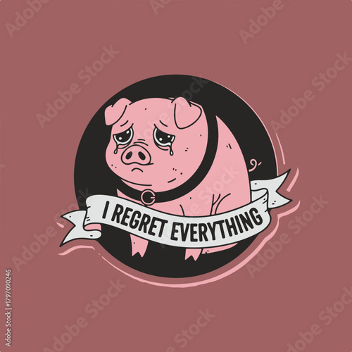 Somber Cartoon Pink Pig with Banner Text Sticker.eps