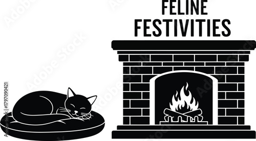 Feline festivities featuring a cozy cat napping by a warm fireplace, perfect for the holiday season