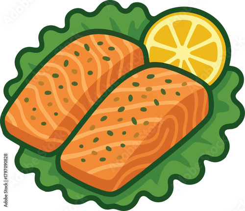 Two salmon fillets on lettuce with lemon slice fish