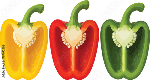 Yellow red and green bell peppers cut in half capsicum