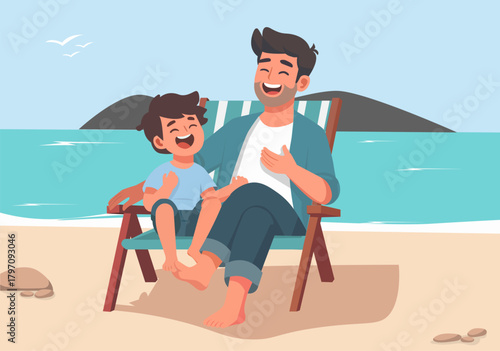Illustration Father and Son Relaxing on Beach Chair